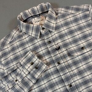 Poncho Outdoors Plaid Button Up Shirt Mens Medium Slim Fit Blue Magnetic Pockets